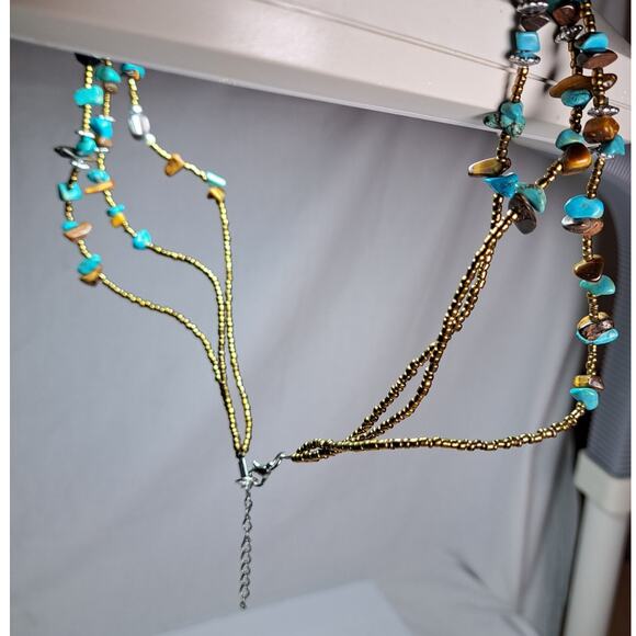 Turquoise Color and Brown Necklaces Earring Set Fashion Jewelry Cross Layers - Picture 7 of 10